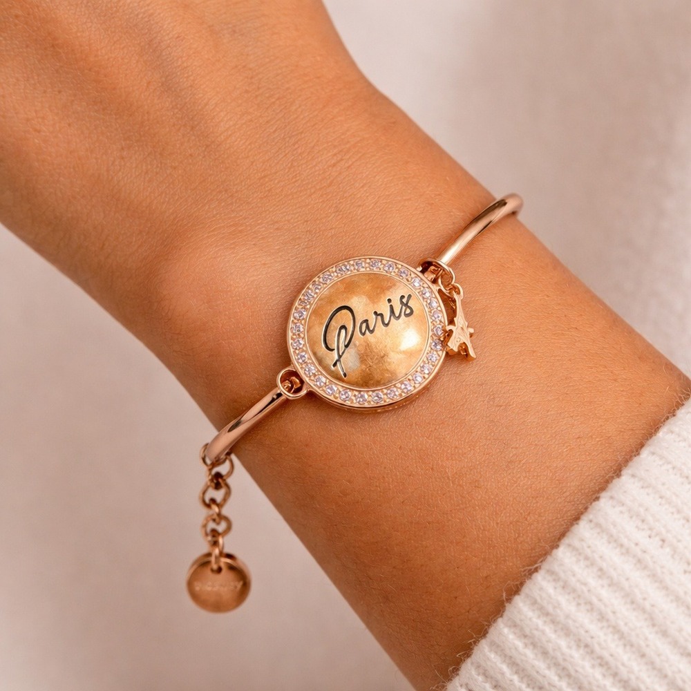 Brosway Chakra Paris Rose Gold Bangle Bracelet Eiffel Tower‎ Charm Gift